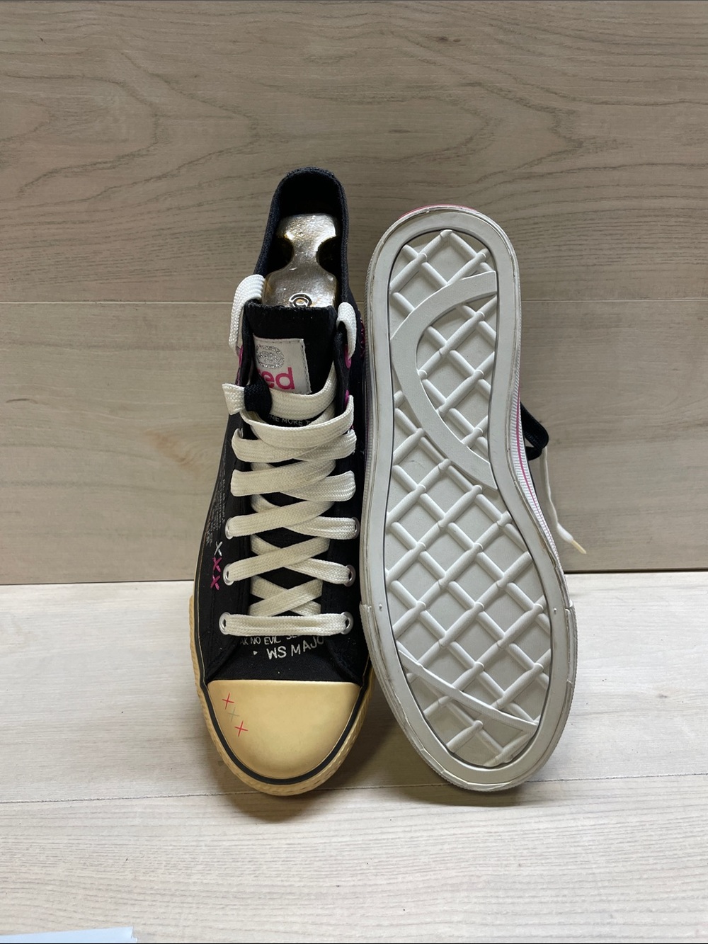 Red Black High-Top Canvas Sneakers with Pink Accents #1193